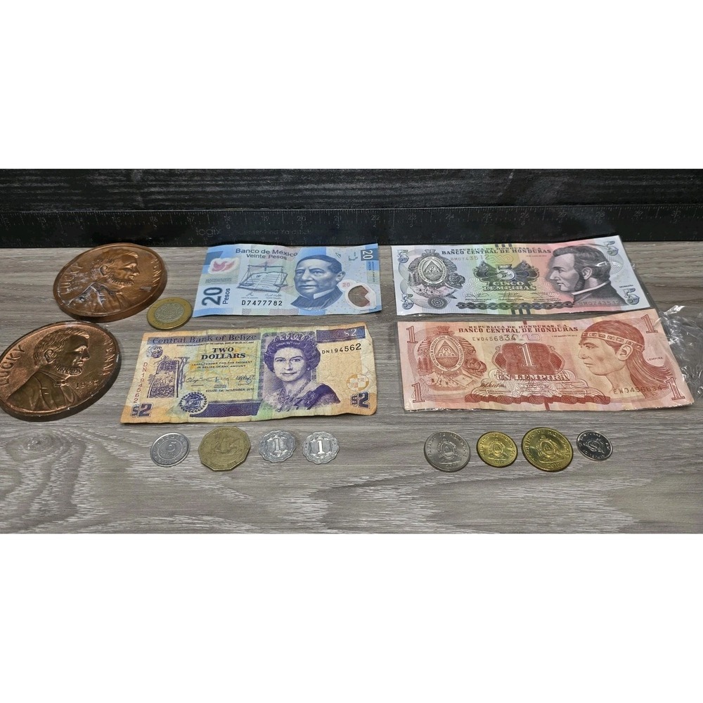 Mixed Lot Of Foreign Currency & Coins & Vintage Collectible 3" Pennies